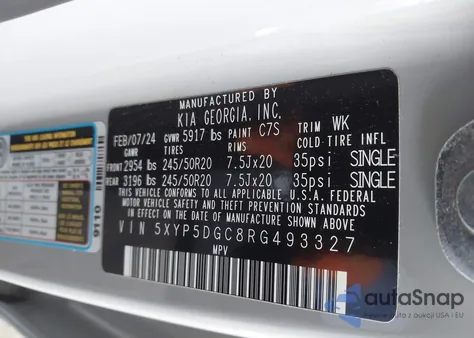 2024 Kia Telluride Sx X-Line z USA, uszkodzony, nr VIN 5XYP5DGC8RG493327